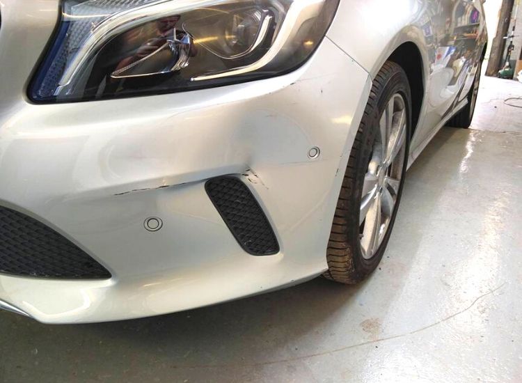 Mercedes A Class with bumper damage at the Paint Wagon